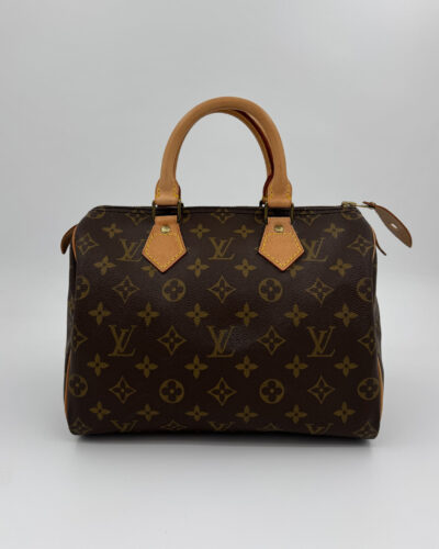 Louis Vuitton Speedy 25 monogram canvas handbag voorkant detail in uitstekende pre-loved conditie met goudkleurige hardware