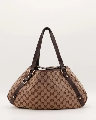 Gucci Abbey Canvas Tote Bag in beige en donkerbruin GG Canvas met grijze leren details
