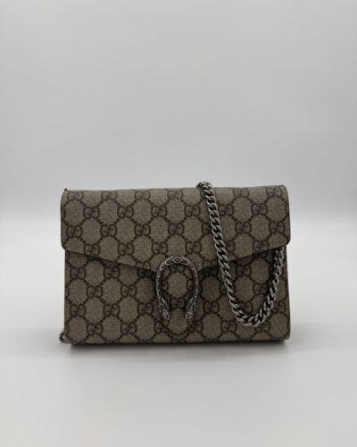Gucci Dionysus Chain Wallet in beige GG Supreme canvas met taupekleurig leer