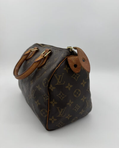 Zijaanzicht van de Louis Vuitton Speedy 25 met klassieke ronde vorm